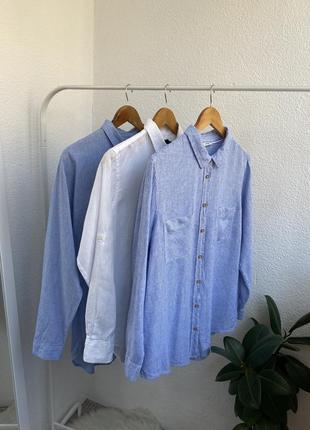 Льняная голубая рубашка в полоску george