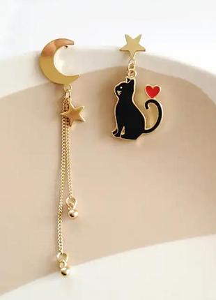 Сережки довгі асиметричні "beauti cat", чорний, 8,5 см та 3,5 см
