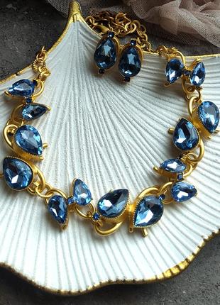 Сет сережки+ кольє- чокер в стилі колекції blue drop, набор, комплект
