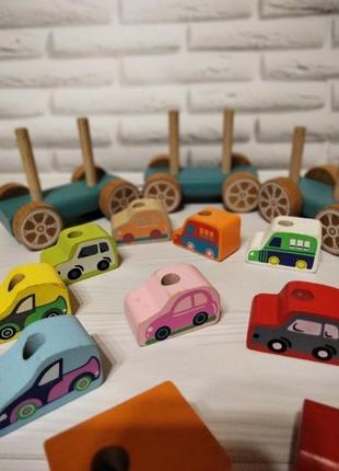 Дерев'яний поїзд (сортер) з машинками cubika для дітей від 1,5 року до 3 років