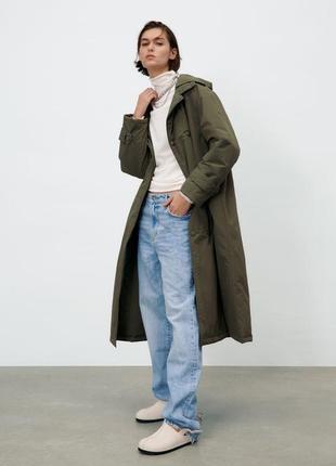 Стеганый тренч плащ с капюшоном хаки zara new куртка