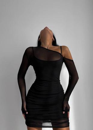 Сукня коротка чорна однотонна на довгий рукав з сіткою на брителях приталена якісна стильна трендова