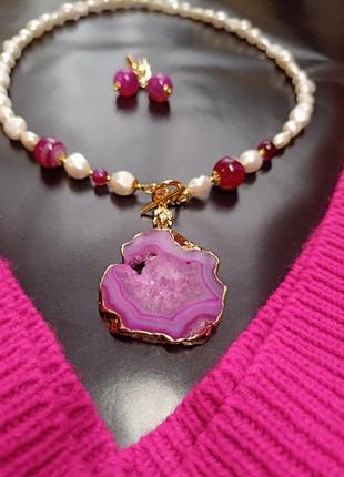 Намисто перли підвіска рожевий агат жеода
