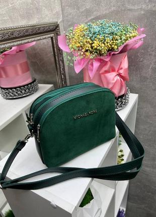 Жіноча стильна та якісна сумка з натуральної замші та еко шкіри зелена3 фото