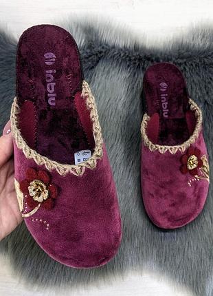 Хатні капці жіночі inblu сливового кольору велюрові з квіткою 4586