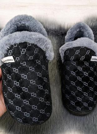 Тапочки чуни женские теплые с меховой опушкой черные gvozdika 4587