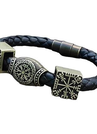 Браслет кожаный с 3 рунами "вегвизир" 20 cм. бронзовый