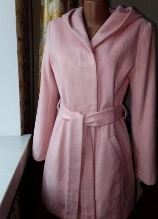 Пальто демисезонное с капюшоном, поясом, розовое, размеры s, m