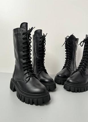 Ботинки женские кожаные, зимние, высокие, в стиле берцы, черные