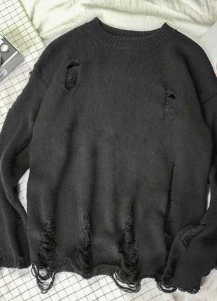 Рваный свитер, черный бежевый, m-l1 фото