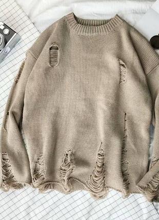 Рваный свитер, черный бежевый, m-l2 фото