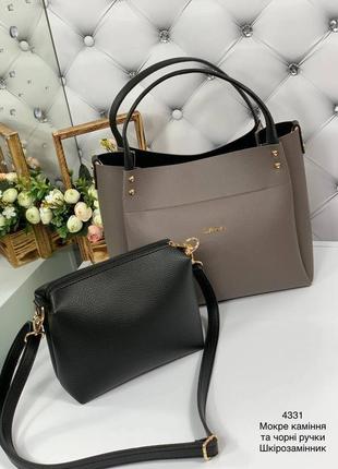 Жіночій стильний комплект зі штучної шкіри сумка+клатч мокре каміння5 фото