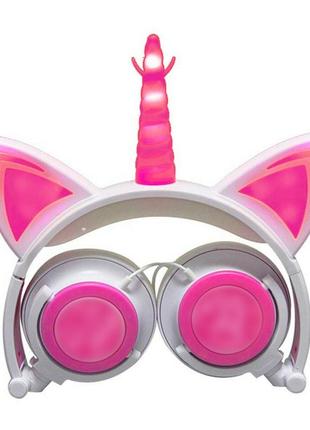 Наушники со светящимися ушками и рогом проводные ul105