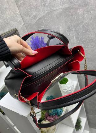 Женская стильная и качественная сумка из искусственной кожи черная с красным7 фото
