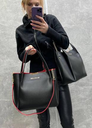 Женская стильная и качественная сумка из искусственной кожи черная с красным4 фото