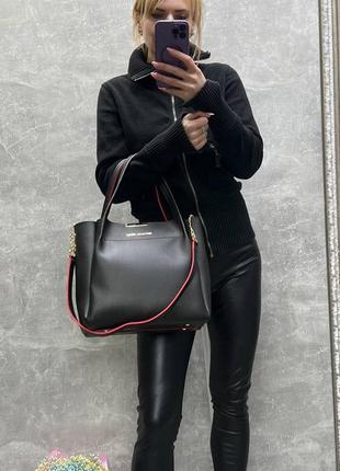 Женская стильная и качественная сумка из искусственной кожи черная с красным2 фото