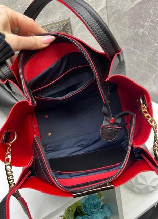 Женская стильная и качественная сумка из искусственной кожи черная с красным8 фото
