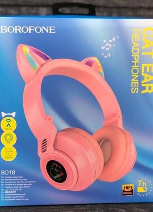 Навушники borofone bo18 cat led bt бездротові з кото вушками рожеві
