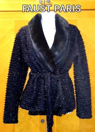 Экслюзив из франции стильный нарядный кардиган с люрексом травка и воротником из эко меха от faust paris