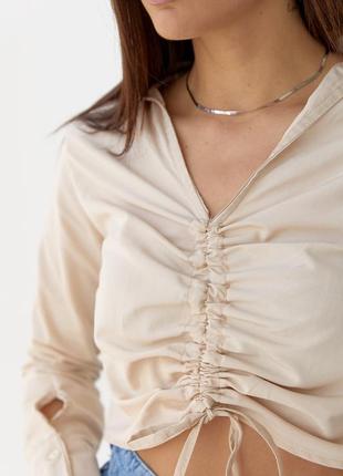 Укороченная блуза с кулиской вдоль полочки - бежевый цвет, m (есть размеры)4 фото