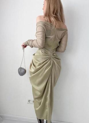 Распродажа платье prettylittlething миди корсетное оливковое asos с полупрозрачными рукавами7 фото