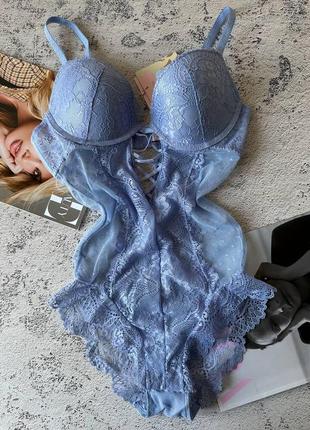Голубое кружевное боди женское нижнее белье на чашку в