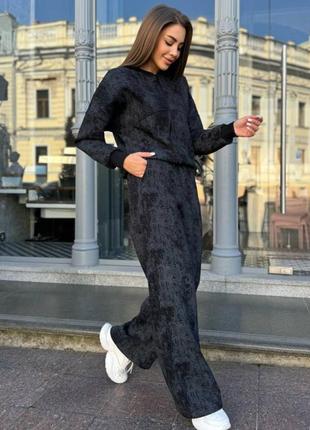 Костюм варенка женский спортивный повседневный комплект двойка штаны палаццо кофта бомбер толстовка регби черный серый графит коричневый капучино