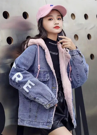 Джинсова куртка на дівчинку-підлітка на хутрі 130  9836мо