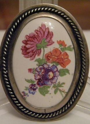 Антикварная брошь ссср цветы фарфор эмаль роспись №1148