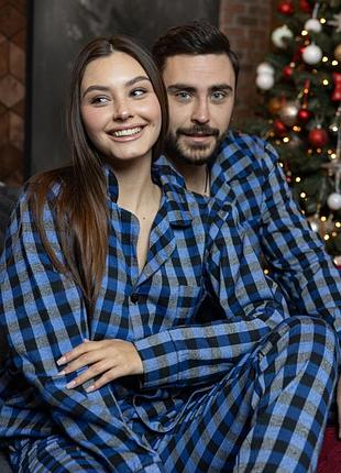 Жіноча піжама сорочка + штани фланель в клетку чоловіча family look тепла