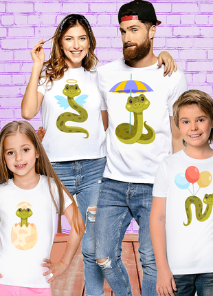 Футболки фемілі лук family look для всієї родини з новорічним принтом «сім'я змій. змійки"