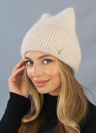 Женская теплая шапка с ушками, кошка кремовая