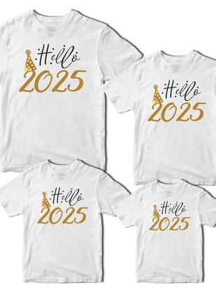 Футболки білі фемілі лук family look для всієї родини з новорічним принтом «hello 2025» push it