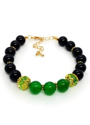 🖤💚вишуканий браслет з натурального нефріту та чорного оніксу