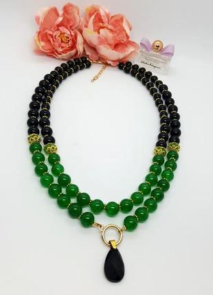🔺🖤💚 двухрядное колье-ожерелье из натурального нефрита и черного оникса2 фото