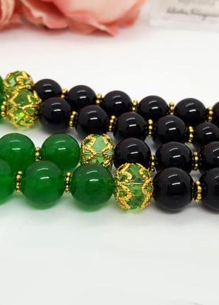 🔺🖤💚 двухрядное колье-ожерелье из натурального нефрита и черного оникса4 фото