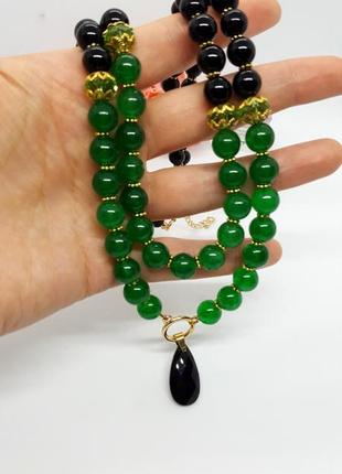🔺🖤💚 двухрядное колье-ожерелье из натурального нефрита и черного оникса5 фото