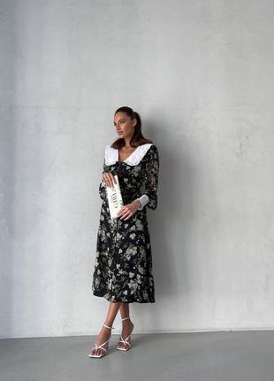 Жіноча шифонова сукня venetta з білим комірцем довжини міді з квітковим принтом чорного кольору4 фото