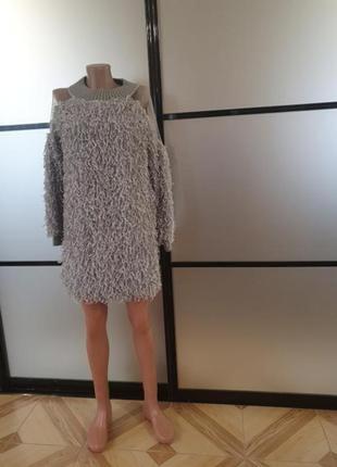 Серое свободное теплое мини платье травка. необычное свободное/оверсайз мини платье травка. с-л