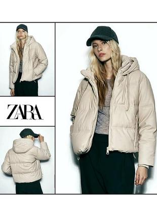 Куртка пуффер m-l zara з термоізоляцією до -20 °c з екошкіри утеплена зимова демісезонна молочна бежева жіноча анорак пуховик бомбер жіночий зимовий
