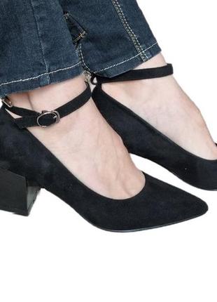 Черные замшевые туфли лодочки женские низкий каблук ремешок 37 38 39 40 41