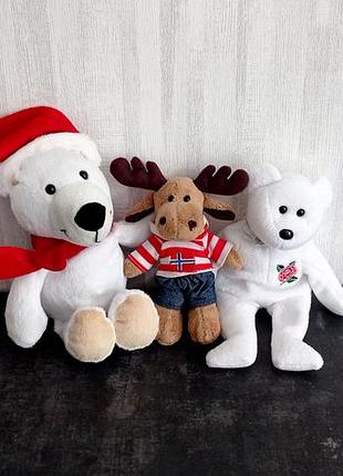 Дитячі новорічні м'які іграшки — 3 шт.: ведмідь + ведмедиця + олень