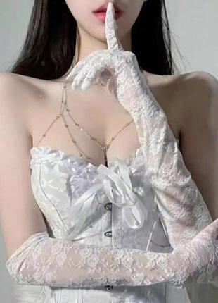Сексуальні високі білі гіпюрові рукавички з мягкого мережива для фотосесії/моментів/образу/аніме