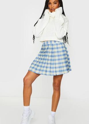 Брендовая юбка мини в складочку "prettylittlething" голубая в клетку. размер uk14/eur42.
