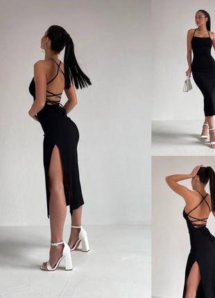 Платье миди однотонное на брителях с разрезом по ноге приталено с открытой спиной на шнуровке качественная стильная трендовая черная бежевая5 фото