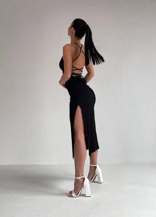 Платье миди однотонное на брителях с разрезом по ноге приталено с открытой спиной на шнуровке качественная стильная трендовая черная бежевая2 фото