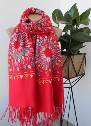 Кашеміровий шарф з шовковою вишивкою у червоному кольорі 1330153 фото