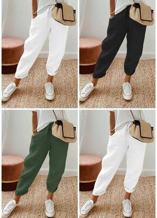 Базові штани з льону вільні брюки білі сині сірі блакитні зелені чорні легкі трендові стильні8 фото