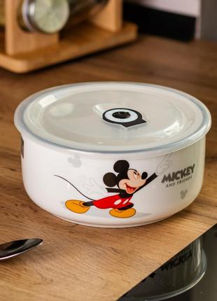 Микки маус керамическая детская глубокая миска 850 мл с крышкой