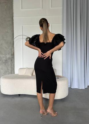 Силуетна міді сукня з відкритими плечима рукава ліхтарики з органзи5 фото